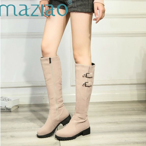 

large size34-44 women knee high boots buckle with zip retro womens med heels flock boots thick fur warm winter snow maziao, Black