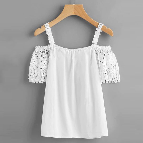 

women summer solid casual blouse lace cold shoulder tank slash neck casual fashion blouses palyester blusas, White