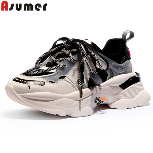 

asumer 2020 new sneaker shoes women lace up genuine leather shoes mixed colors flat platform comfortable women flats, Black