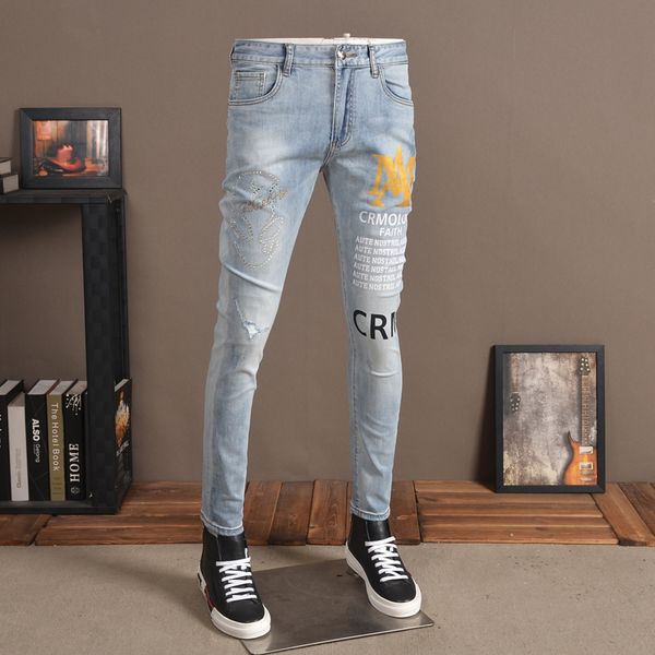 

men's jeans men skinny ripped fashion light blue jean print pencil pants streetwear