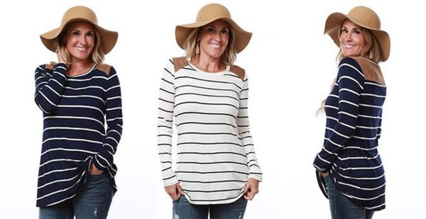 

women's womens designer tees clothing autumn new pattern easy round collar long sleeves stripe splicing t-shirt coat girl, White