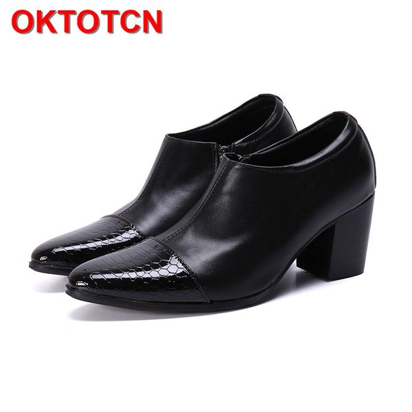 

snake pattern pointed toe men high heels shoes thick heel handmade leather shoes men zipper high hop office gentlemen, Black