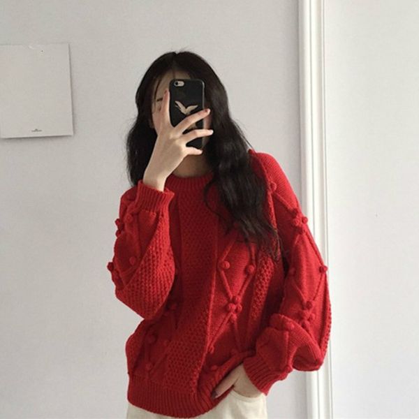 

deat leisure temperament lantern sleeve pullover o neck women loose red knitting sweater 2019 autumn winter new clothes td611, White;black