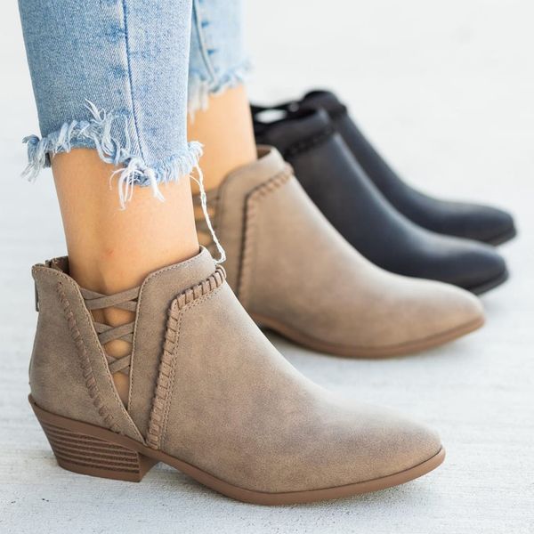 

muqgew women's ankle boots bare round toe shoes boots hollow bare square heel short booties botines mujer 2019 new fashion, Black
