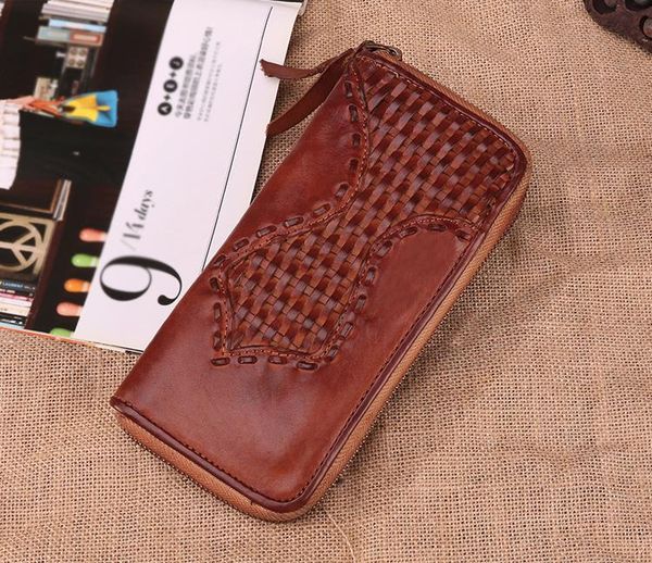 

european and american fashion trend latest business retro men's wallet leather men's bag multi-card clutch bag vegetable tanned le, Red;black