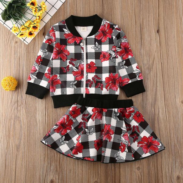 

fashion autumn toddler kids baby girls floral clothes long sleeve zipped coat +a line skirt 2pcs outfits set, White