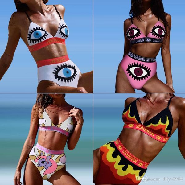 

fashion woman women's clothing 2019 new summer printing letter eye flame bikini split suit two piece suit additive color, White;black
