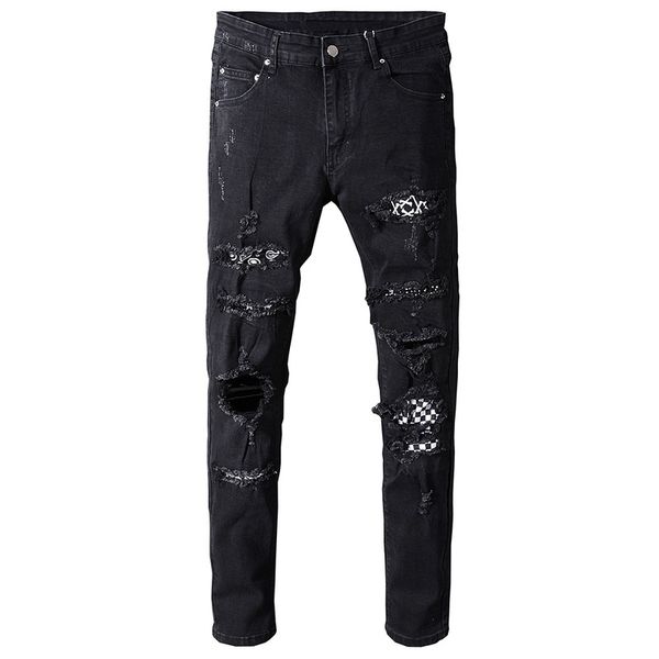 

fashion men's black white patch holes ripped jeans slim fit distressed stretch denim pants skinny ripped jeans for men, Blue