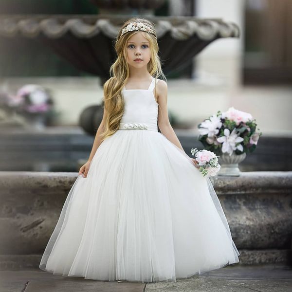 

simple ball gown flower girl dresses for wedding square neck pageant gowns with sash floor length tulle first communion dress, White;blue