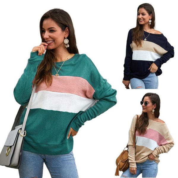 

women autumn batwing sleeves pullover contrast color stripes patchwork knitted sweater crew neck baggy loose tunic, White;black