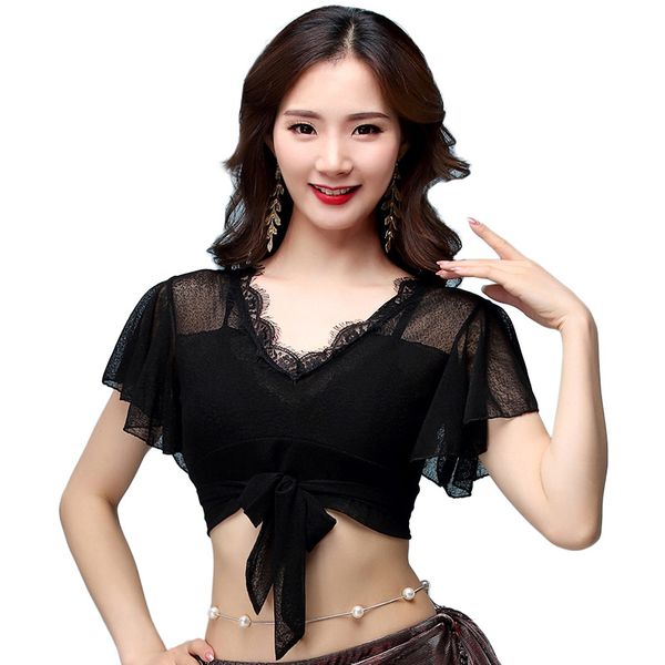 

new soft lace dancewear belly dance costume yoga blouse variety of ways to wear flared blouse, Black;red