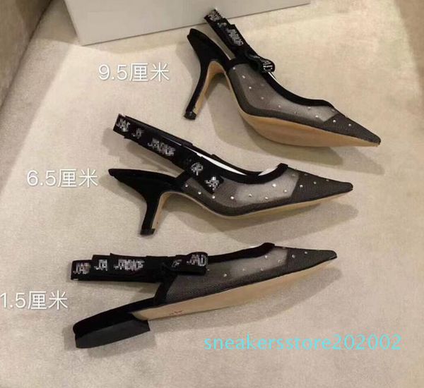 

2019 new luxury high heel wave dot mesh rhinestone with sandals female pointed letter webbing cat with flat shoes s02, Black