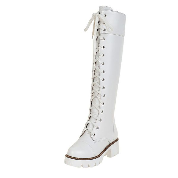 

knee-high boots womens casual high heel cross-tie boots thick platform square heel snow women botas mujer invierno 2019, Black