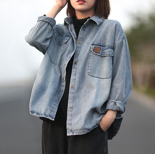 

2019 autumn new casual loose long-sleeved casual thick tooling pocket denim shirt, White