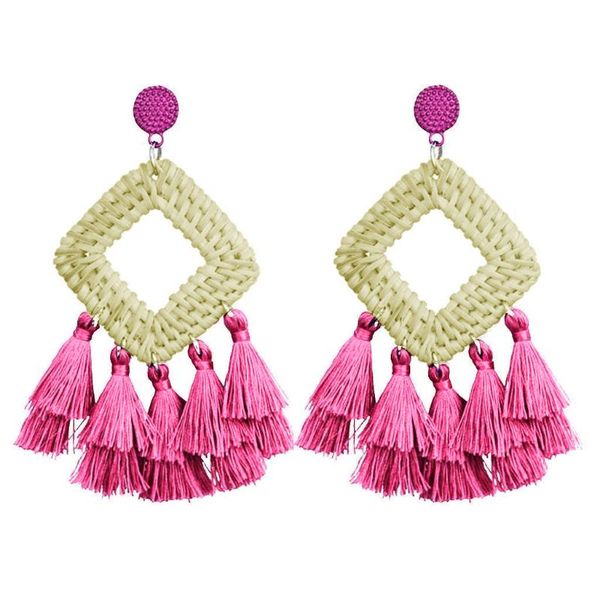 

bohemian rattan tassel handmade long square earrings fashion silver color geometric earring set long tassel ladies jewelry, Golden;silver
