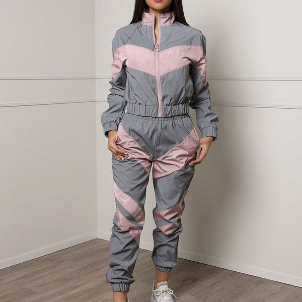 

loozykit women reflective splicing long sleeve zipper up trench pants 2 piece outfits night version tracksuit set streetwear, White;red