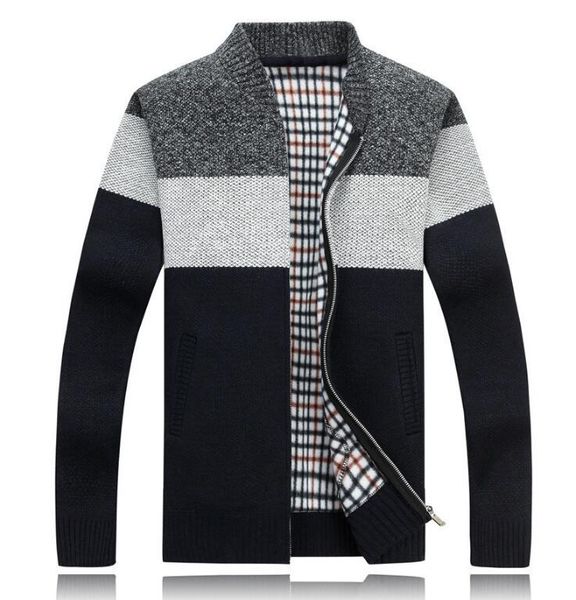 

2019 autumn new men's thick sweatercoat striped stand collar zipper sweater coat outerwear winter fleece cashmere liner sweaters, White;black