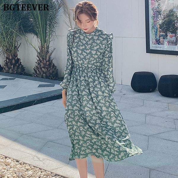 

bgteever elegant stand collar ruffles women dress full sleeve elastic waist female chiffon dress 2020 spring midi vestidos femme, Black;gray