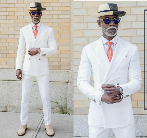 Moda Mens Wedding Smoking White Beach repicado lapela Abotoamento noivo Designer Jacket Formal Wear Partido Prom (jacket + pants)