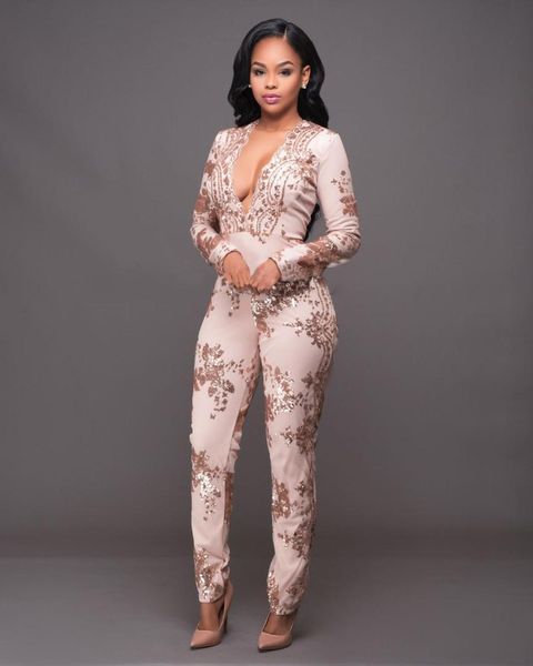 

elegant sequnied champagne women jumpsuit women v neck pencil pants bodycon jumpsuit casual club party overalls, Black;white