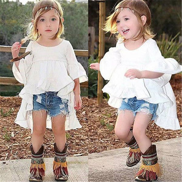 

kids baby girls ruffles blouse pretty elegant princess irregular shirts trumpet sleeve front short back long top, White;black