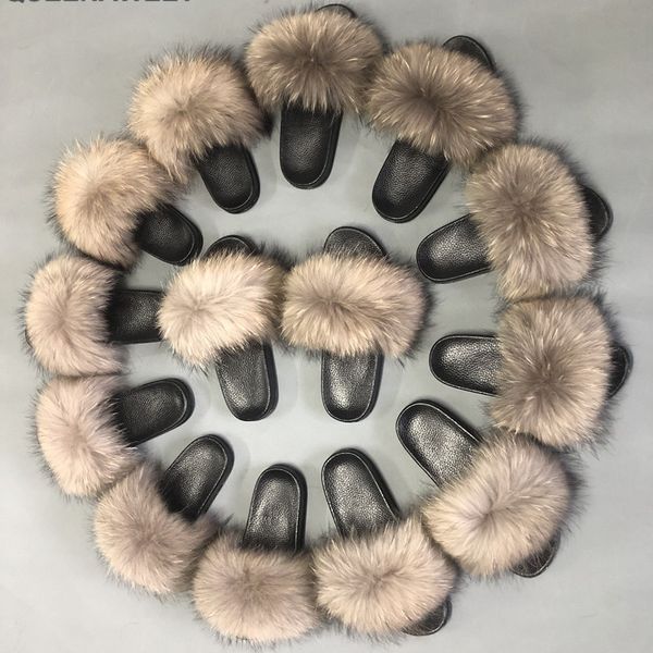 

real nature raccoon fur slippers sandal for women fashion fluffy plus racoon fur slides autumn wholesale, Black