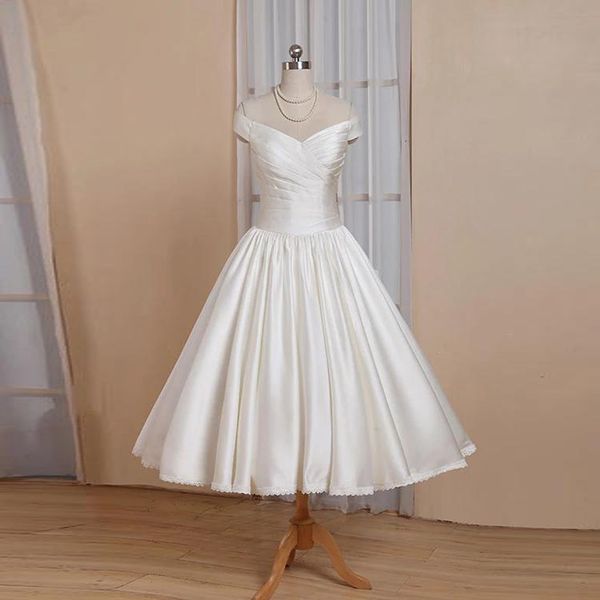 

simple short white wedding dress off-shoulder satin wedding dresses with sleeves pleated skirt lace edge covered buttons vestidos de novia