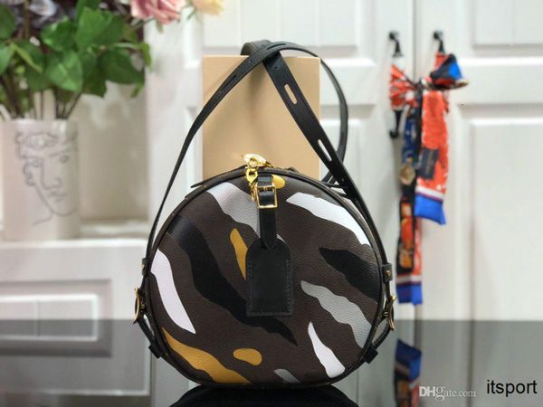 

designer luxury women bags round bag crossbody bags adjustable belt genuine leather gold lock trim camouflage pattern