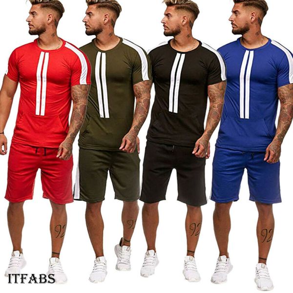 

мужские полный tracksuit футболка top bottom спортивный костюм комплекты брюки trouses полоски 2 пк, Gray