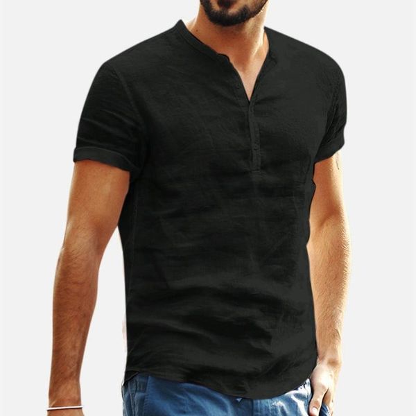 

2020 shirt men cotton linen soid color short sleeve blouse streetwear round hem loose casual shirts camisa masculina, White;black