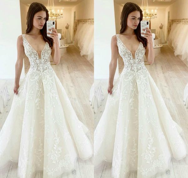 

2020 wedding dresses a line lace plus size sleeveless bridal wedding dress floor length illusion bodice wedding gowns, White