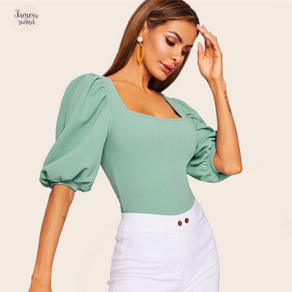 

бирюзовый puff рукавом футболка solid square женщины шеи tee монтажн лето 2019 половина рукавом элегантная t shirt, White