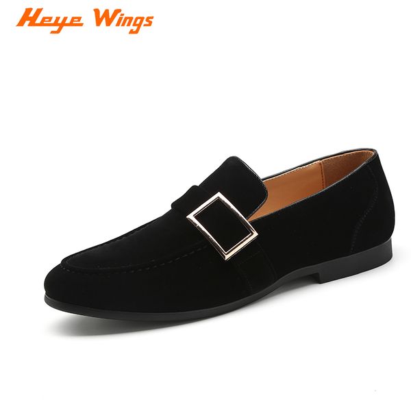 

heye wings band metal buckle men dress shoes suede leather male casual shoes loafers design, Black