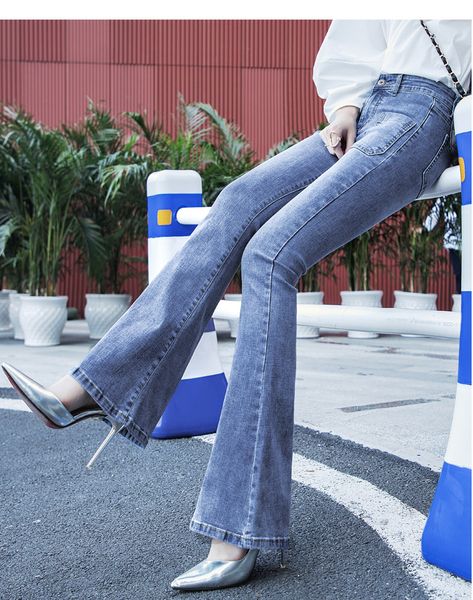 

light blue female han edition show thin height pants straight stretch joker horn