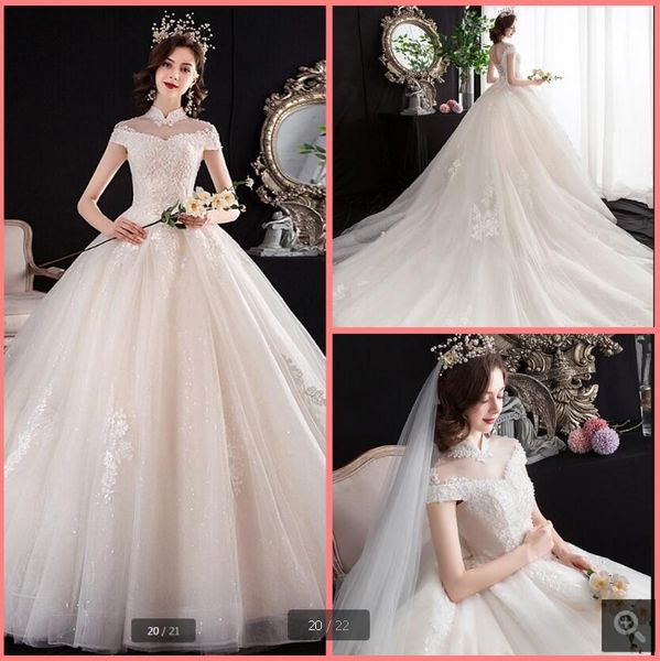 

2020 robe де mariage шампанского кружева аппликация бальное платье свадебное платье марочные втулки крышки вышитый высокой шеи полая назад с, White