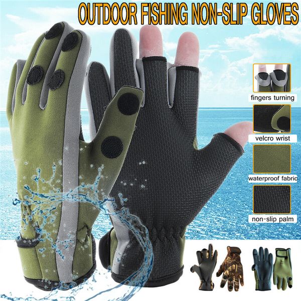 

winter fishing gloves non-slip windproof waterproof breathable warm professional ice fishing 2 finger appearing neoprene camo gloves, Black