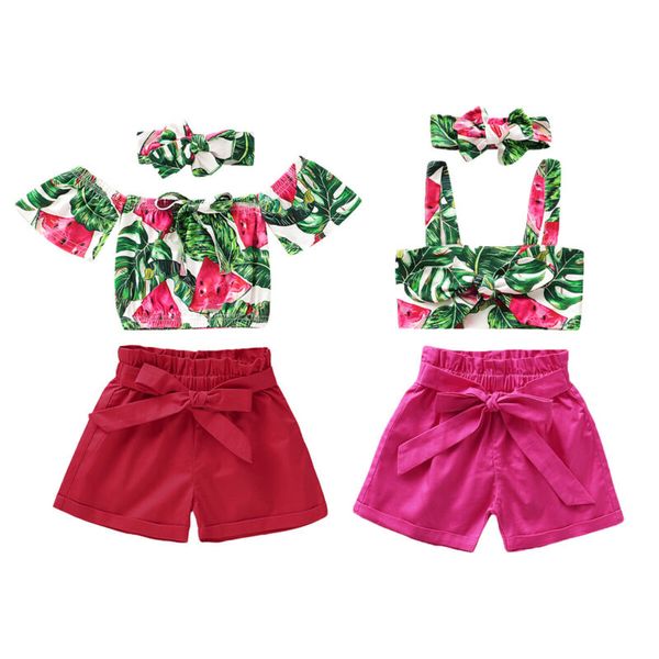

summer toddler baby girls clothes sets 1-5y floral print shorts headband 3pcs sunsuit outfits clothes, White