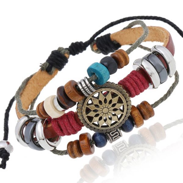 Braccialetto multistrato con ciondolo a forma di fiore di sole Vintage Boho intrecciato in pelle PU Perline di legno fatte a mano Avvolgere Bracciali regolabili Coppia di braccialetti Gioielli