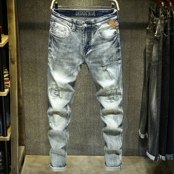 

2020 men vintage pencil jeans pants new design man light blue fashion slim distressed hole denim pants