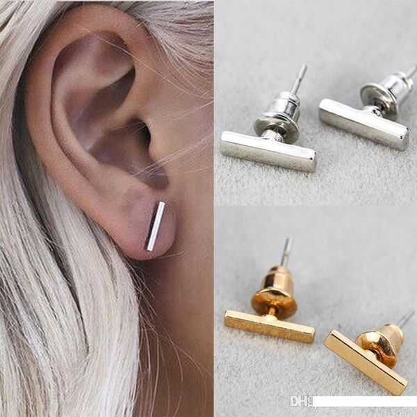 

2016 fashion gold plated silver plated black punk simple t bar earrings for women ear stud line earrings fine jewelry minimalist earrings, Golden;silver