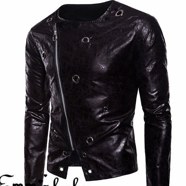 

2019 autumn men's fashion motorcycle jacket long sleeve leather slim fit round collar biker coat jacket zipper hollow casual, Black;brown