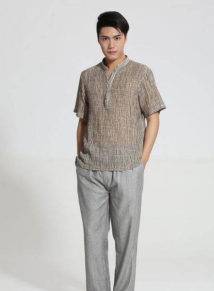 

2019 new chinese style men crepe stand collar shirt summer cotton linen casual shirts plus size 3xl clothing blouse, White;black