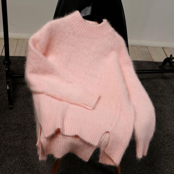 

mohair sweater women autumn winter new pink loose pullover womens knitted sweaters pull femme gray half turtleneck sweater c5959, White;black