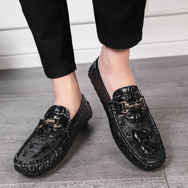 

genuine leather casual shoes men's breathable crocodile pattern peas loafers business flat shoes men lazy driving hc-429, Black