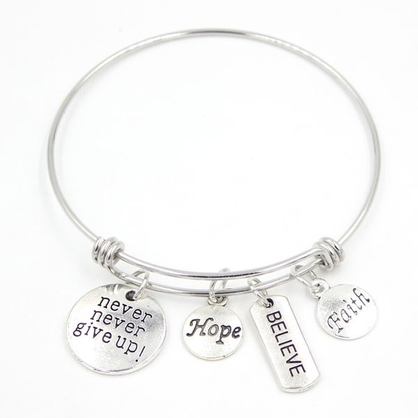 Ispirazione all'ingrosso Braccialetto di gioielli Braccialetto in acciaio inossidabile Ispirare non mollare mai Speranza Fede Credere charms BraccialeBangle regali pulsera