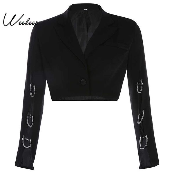 

weekeep cropped turn down collar jacket women chain patchwork v-neck spring autumn jackets, Black;brown