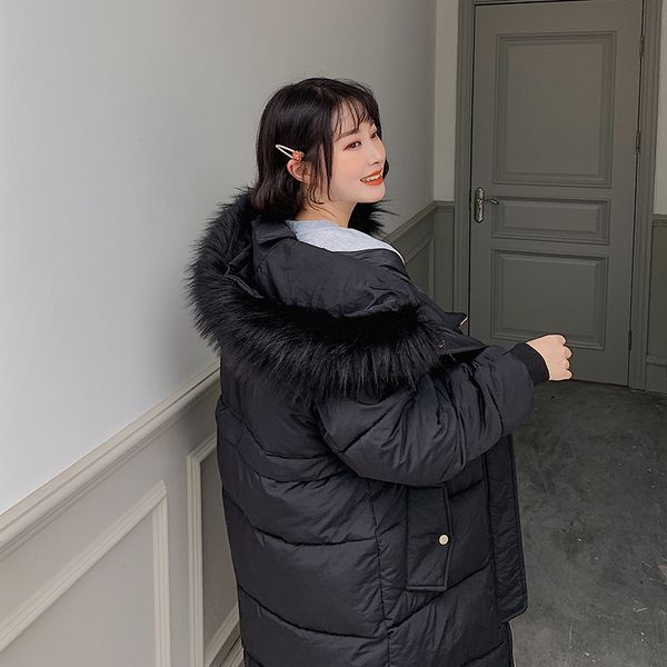 

fur hooded thicken long down cotton coats women casual long sleeve warm cotton coats female slim jackets new large size 2xl, Black