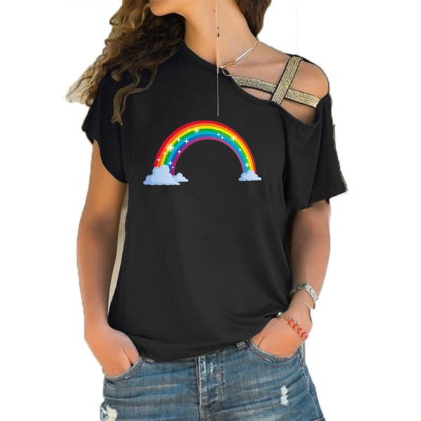 

women rainbow graphic t shirt women's short sleeve fashion new tshirt irregular skew cross bandage tee, White