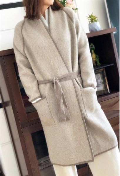 

pure cashmere twill striped women fashion long cardigans overcoat matching waist belt one&over size, Black