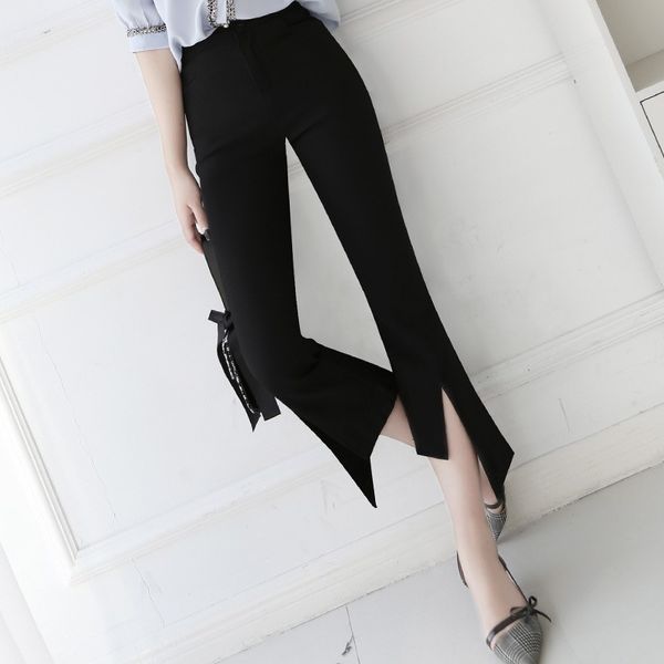 

women's pants & capris women 2021 summer casual ladies office wear ankle-length flare female high waist trousers, Black;white